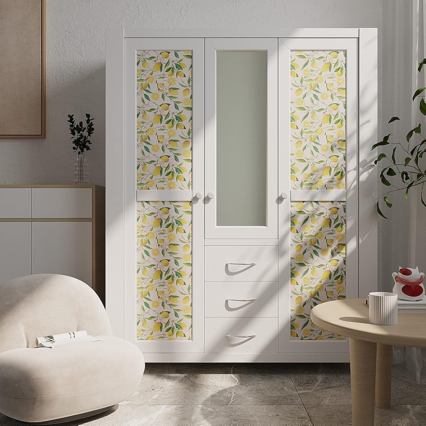 Lemon Peel and Stick Wallpaper Floral 17.7''x118'' Removable Self Adhesive Decorative Fresh Citrus Leaf Prints Floral Wallpaper Vinyl for Nursery Bedroom Kitchen Walls Cabinets Shelf Liners