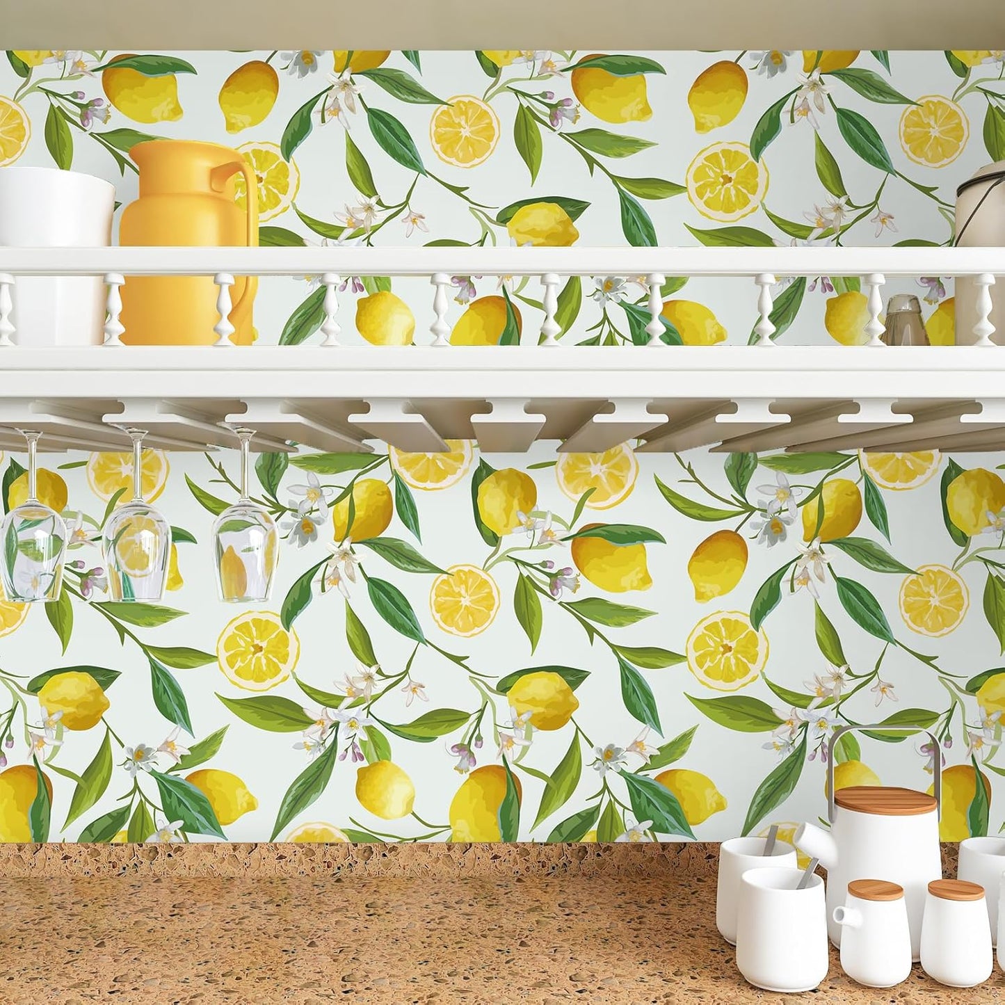 Lemon Peel and Stick Wallpaper Floral 17.7''x118'' Removable Self Adhesive Decorative Fresh Citrus Leaf Prints Floral Wallpaper Vinyl for Nursery Bedroom Kitchen Walls Cabinets Shelf Liners
