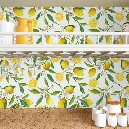 Lemon Peel and Stick Wallpaper Floral 17.7''x118'' Removable Self Adhesive Decorative Fresh Citrus Leaf Prints Floral Wallpaper Vinyl for Nursery Bedroom Kitchen Walls Cabinets Shelf Liners
