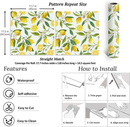 Lemon Peel and Stick Wallpaper Floral 17.7''x118'' Removable Self Adhesive Decorative Fresh Citrus Leaf Prints Floral Wallpaper Vinyl for Nursery Bedroom Kitchen Walls Cabinets Shelf Liners