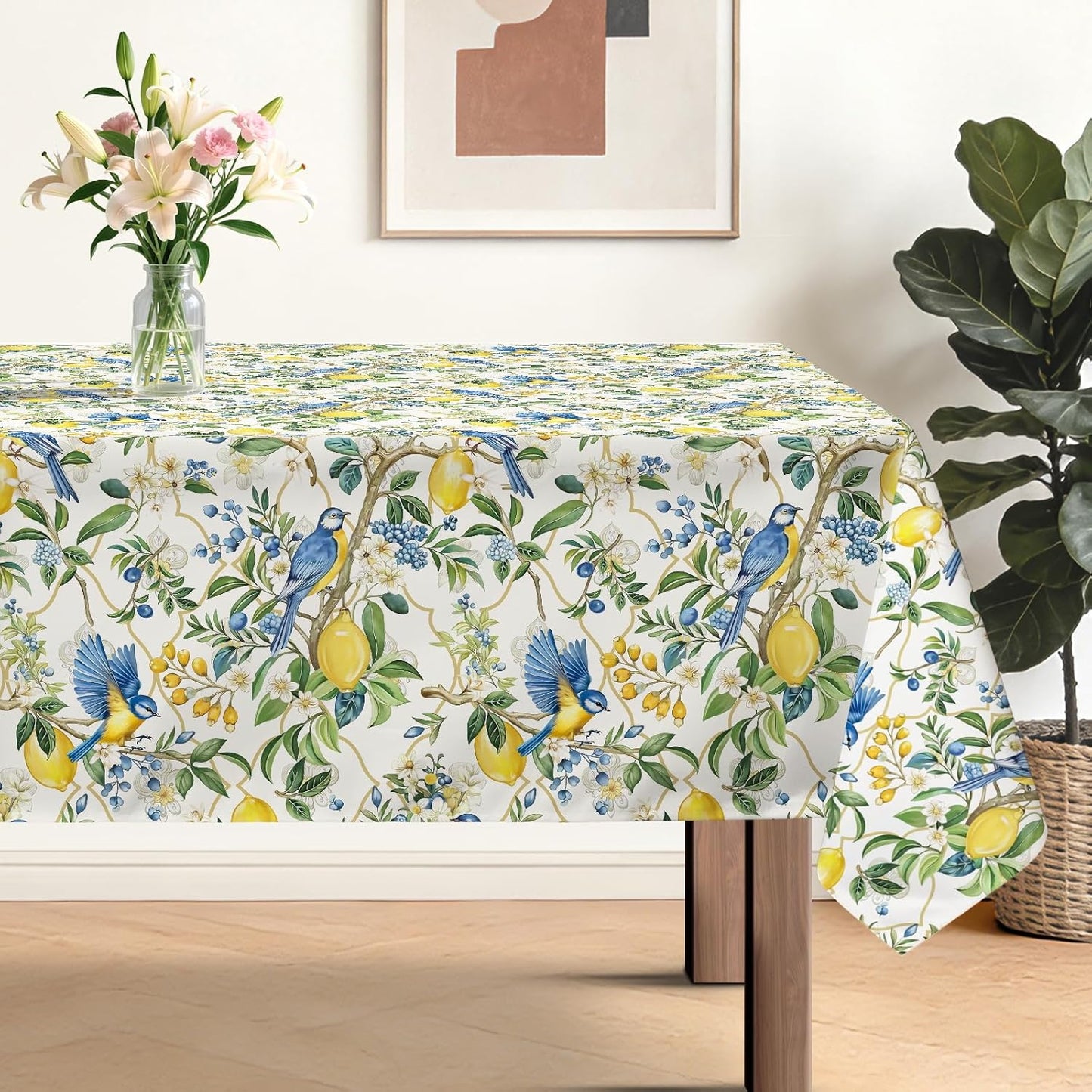 Summer Rectangle Table Cloth Lemon Blue Birds Washable Polyester Oil-Proof Tablecloth Stain Wrinkle Resistant Table Cover for Party Kitchen Decor Outdoor Picnic, 60x84 inch
