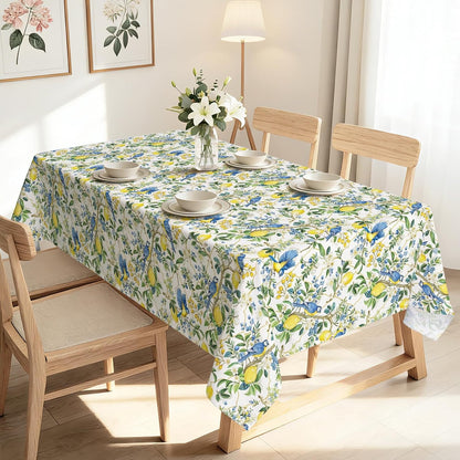 Summer Rectangle Table Cloth Lemon Blue Birds Washable Polyester Oil-Proof Tablecloth Stain Wrinkle Resistant Table Cover for Party Kitchen Decor Outdoor Picnic, 60x84 inch