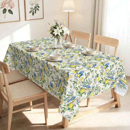 Summer Rectangle Table Cloth Lemon Blue Birds Washable Polyester Oil-Proof Tablecloth Stain Wrinkle Resistant Table Cover for Party Kitchen Decor Outdoor Picnic, 60x84 inch