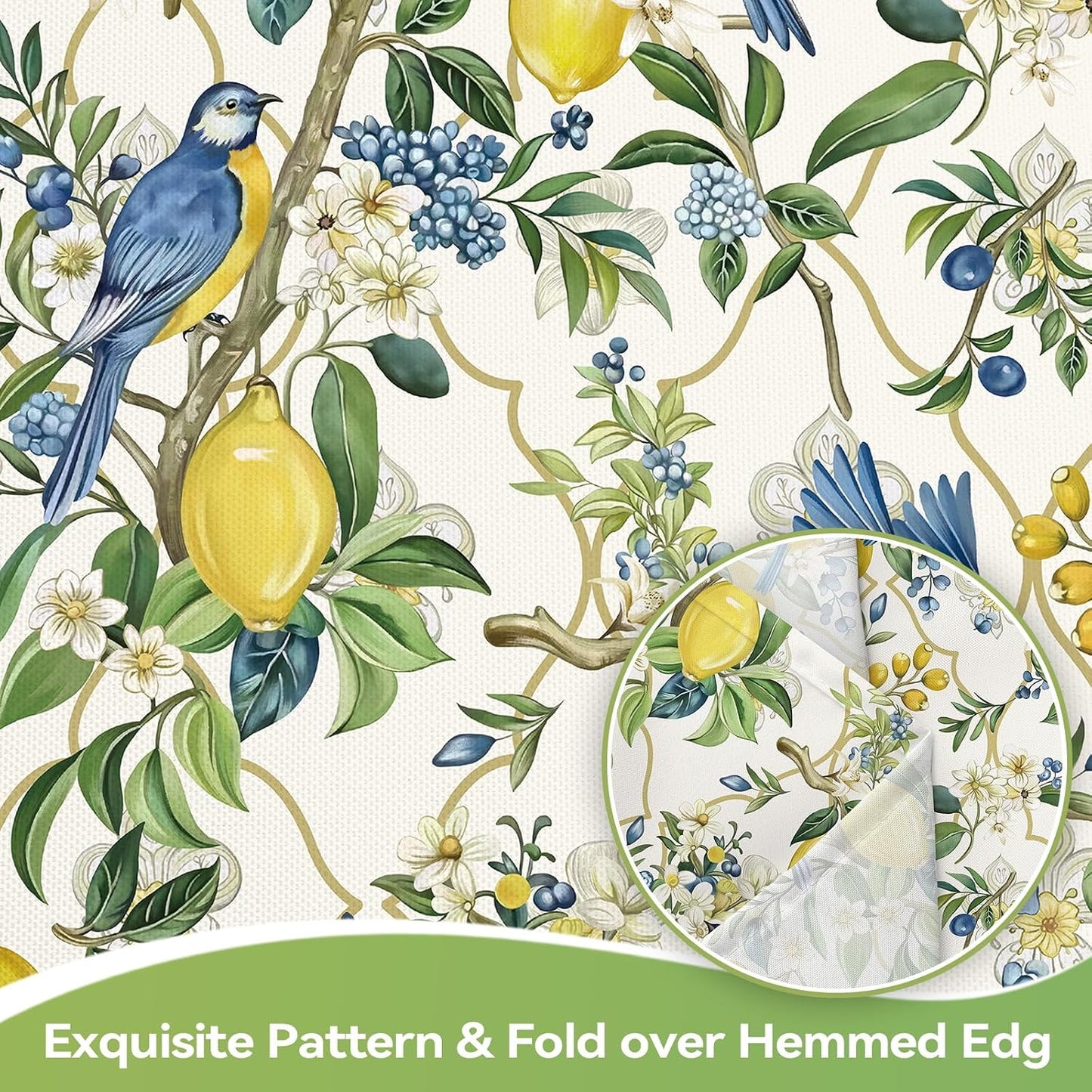 Summer Rectangle Table Cloth Lemon Blue Birds Washable Polyester Oil-Proof Tablecloth Stain Wrinkle Resistant Table Cover for Party Kitchen Decor Outdoor Picnic, 60x84 inch