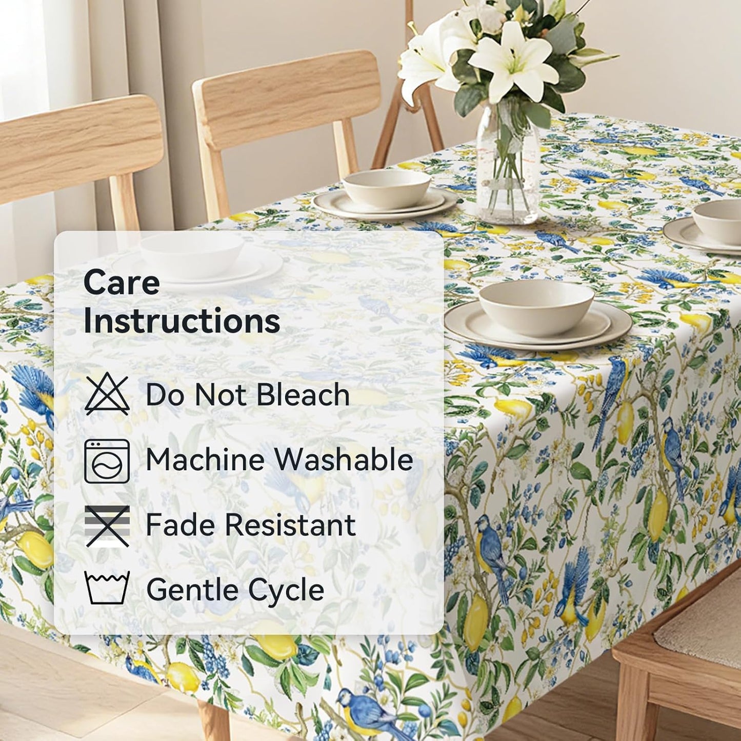 Summer Rectangle Table Cloth Lemon Blue Birds Washable Polyester Oil-Proof Tablecloth Stain Wrinkle Resistant Table Cover for Party Kitchen Decor Outdoor Picnic, 60x84 inch