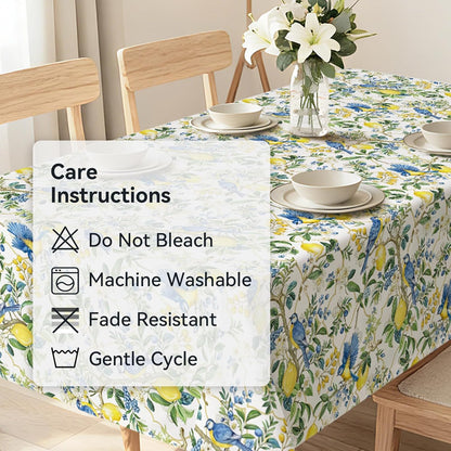 Summer Rectangle Table Cloth Lemon Blue Birds Washable Polyester Oil-Proof Tablecloth Stain Wrinkle Resistant Table Cover for Party Kitchen Decor Outdoor Picnic, 60x84 inch