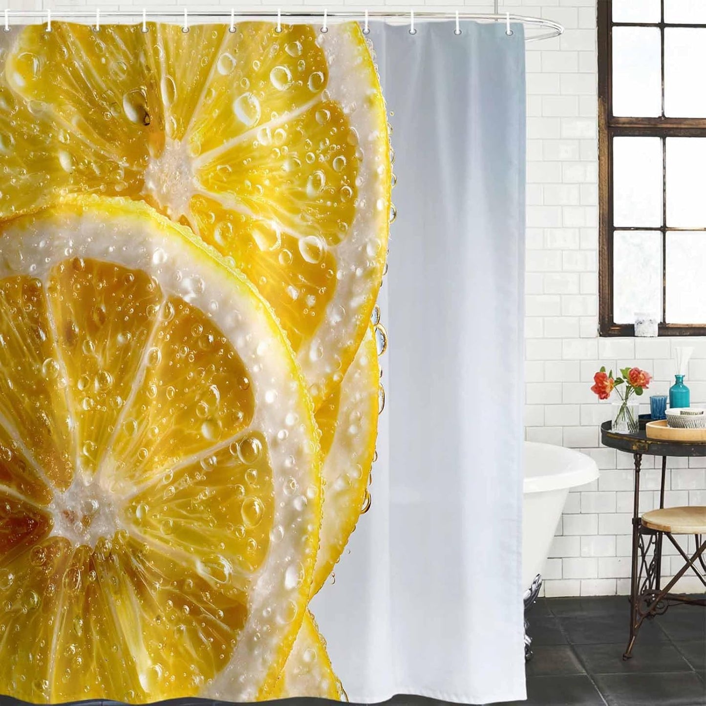 Yellow Lemons Shower Curtain, Stall Bathroom Curtains for Bathtub, Summer Bubble Lemon Slices Fruit Waterproof Fabric Shower Curtain Set with 12 Hooks, 48" x 72"