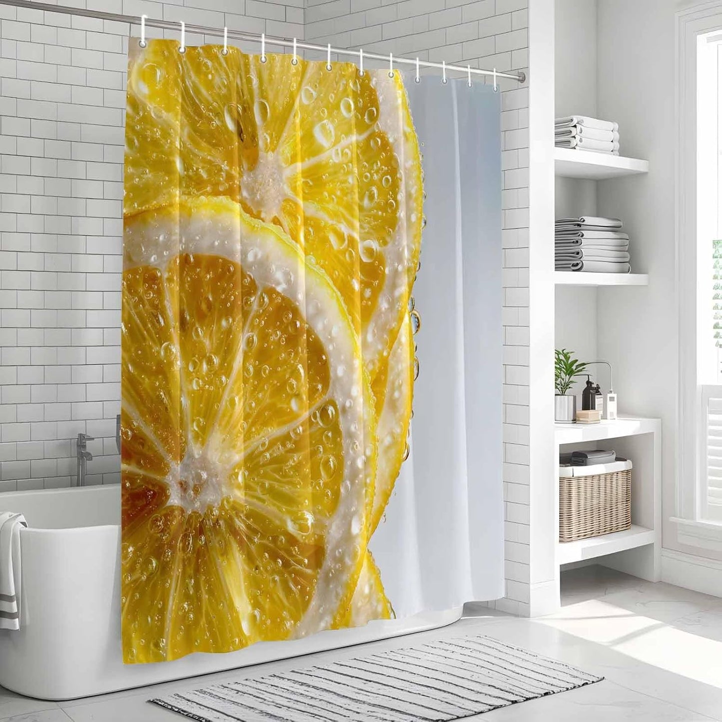 Yellow Lemons Shower Curtain, Stall Bathroom Curtains for Bathtub, Summer Bubble Lemon Slices Fruit Waterproof Fabric Shower Curtain Set with 12 Hooks, 48" x 72"