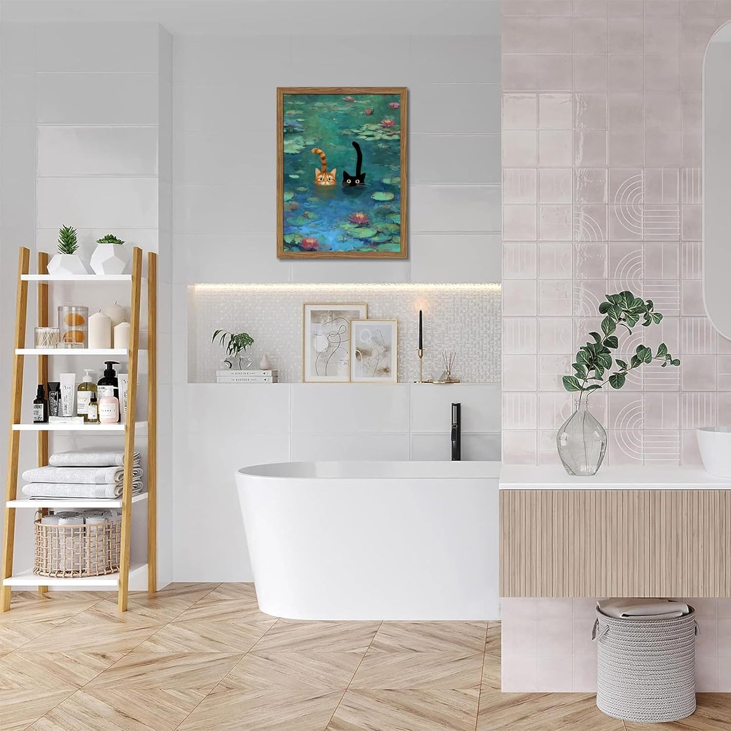 Framed Funny Bathroom Wall Art Decor, Yellow Duck in Pink Bathtub Canvas Wall Decor Painting, Cute Whimsical Animal Poster Print Picture for Girls Bathroom Nursery 16x24 Inch