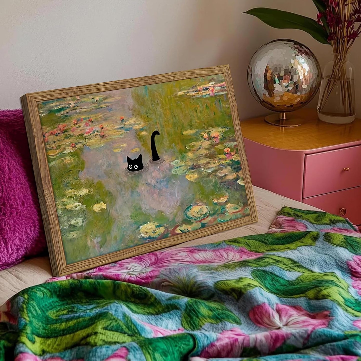 Framed Funny Bathroom Wall Art Decor, Yellow Duck in Pink Bathtub Canvas Wall Decor Painting, Cute Whimsical Animal Poster Print Picture for Girls Bathroom Nursery 16x24 Inch