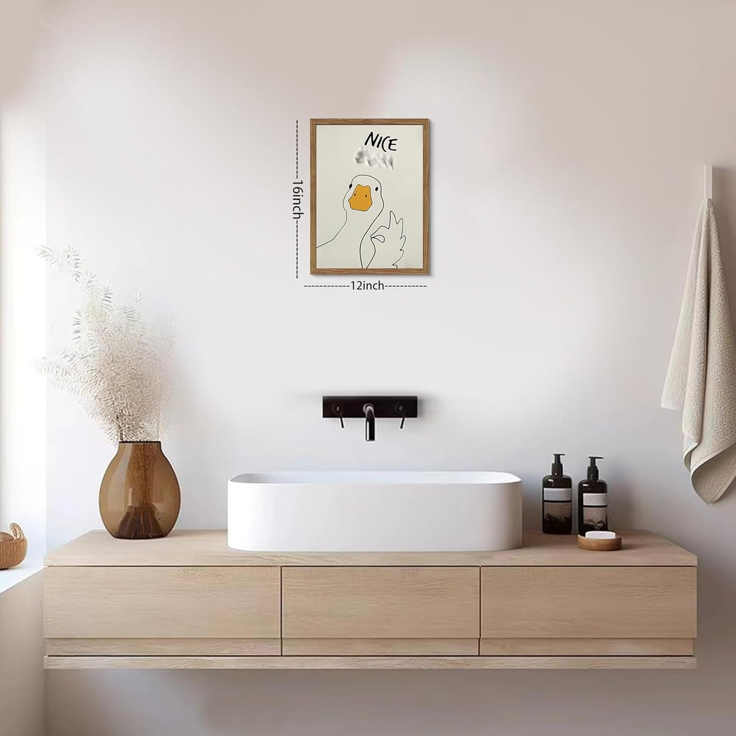 Framed Funny Bathroom Wall Art Decor, Yellow Duck in Pink Bathtub Canvas Wall Decor Painting, Cute Whimsical Animal Poster Print Picture for Girls Bathroom Nursery 16x24 Inch