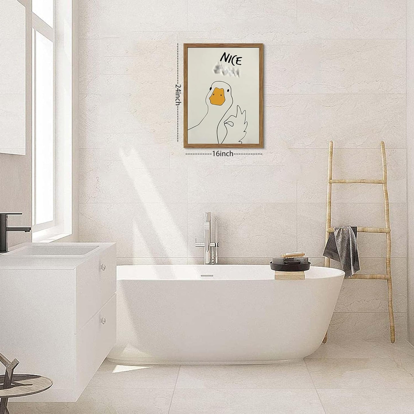 Framed Funny Bathroom Wall Art Decor, Yellow Duck in Pink Bathtub Canvas Wall Decor Painting, Cute Whimsical Animal Poster Print Picture for Girls Bathroom Nursery 16x24 Inch