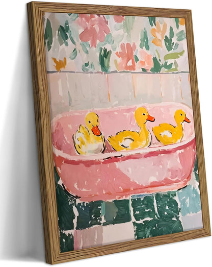 Framed Funny Bathroom Wall Art Decor, Yellow Duck in Pink Bathtub Canvas Wall Decor Painting, Cute Whimsical Animal Poster Print Picture for Girls Bathroom Nursery 16x24 Inch