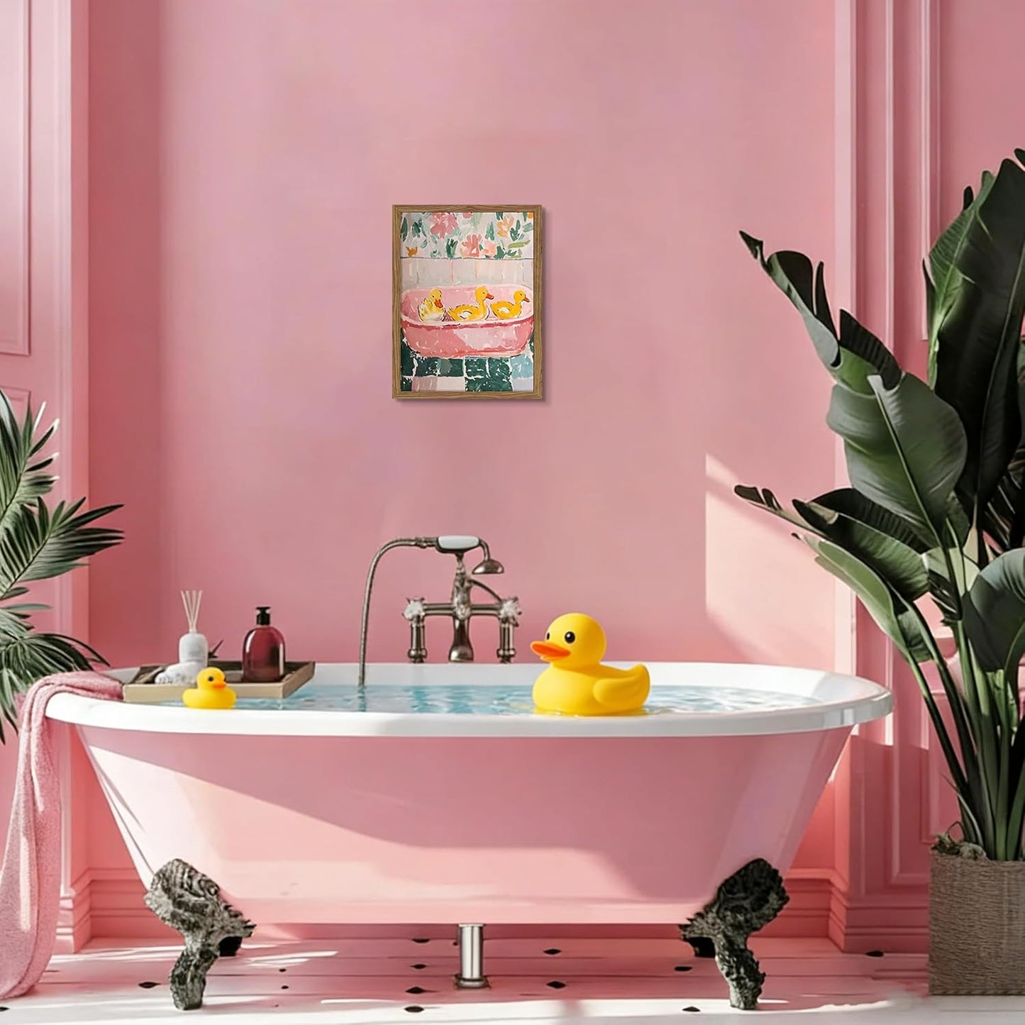 Framed Funny Bathroom Wall Art Decor, Yellow Duck in Pink Bathtub Canvas Wall Decor Painting, Cute Whimsical Animal Poster Print Picture for Girls Bathroom Nursery 16x24 Inch