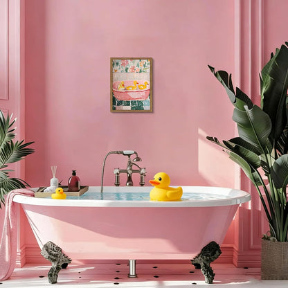 Framed Funny Bathroom Wall Art Decor, Yellow Duck in Pink Bathtub Canvas Wall Decor Painting, Cute Whimsical Animal Poster Print Picture for Girls Bathroom Nursery 16x24 Inch