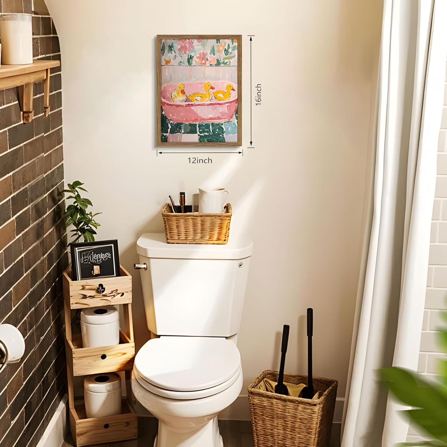 Framed Funny Bathroom Wall Art Decor, Yellow Duck in Pink Bathtub Canvas Wall Decor Painting, Cute Whimsical Animal Poster Print Picture for Girls Bathroom Nursery 16x24 Inch