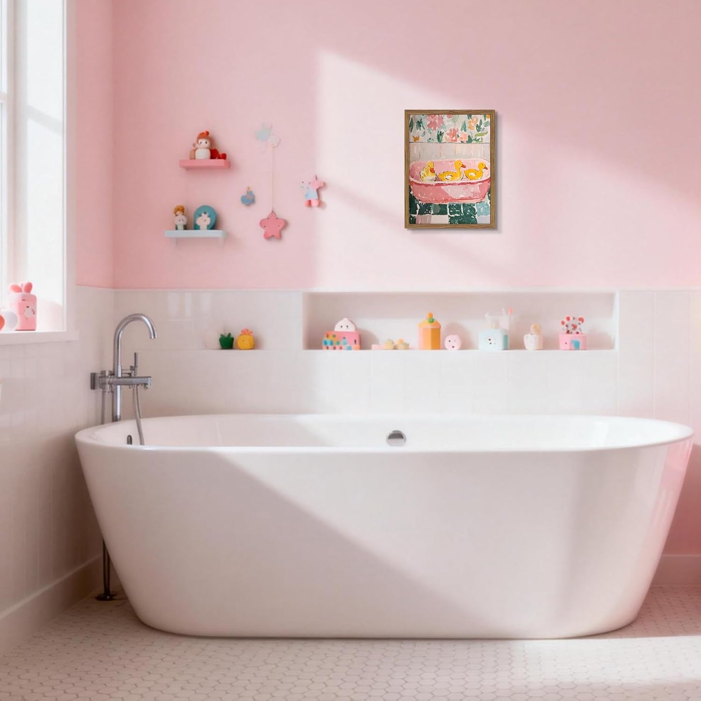 Framed Funny Bathroom Wall Art Decor, Yellow Duck in Pink Bathtub Canvas Wall Decor Painting, Cute Whimsical Animal Poster Print Picture for Girls Bathroom Nursery 16x24 Inch