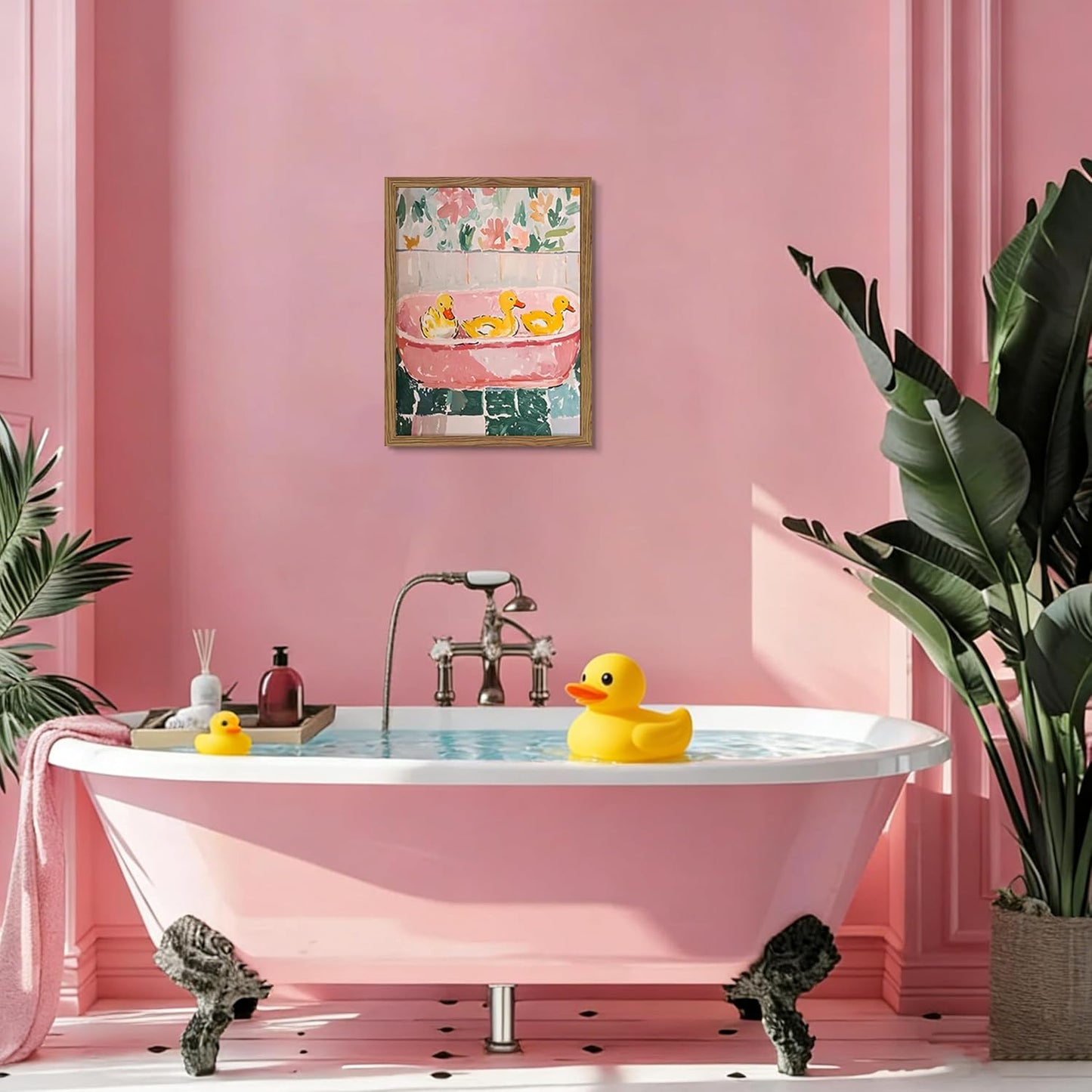 Framed Funny Bathroom Wall Art Decor, Yellow Duck in Pink Bathtub Canvas Wall Decor Painting, Cute Whimsical Animal Poster Print Picture for Girls Bathroom Nursery 16x24 Inch