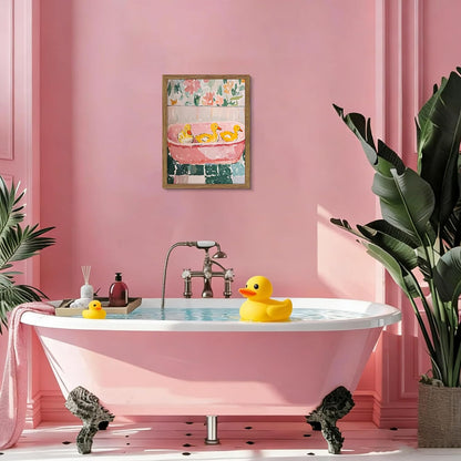 Framed Funny Bathroom Wall Art Decor, Yellow Duck in Pink Bathtub Canvas Wall Decor Painting, Cute Whimsical Animal Poster Print Picture for Girls Bathroom Nursery 16x24 Inch