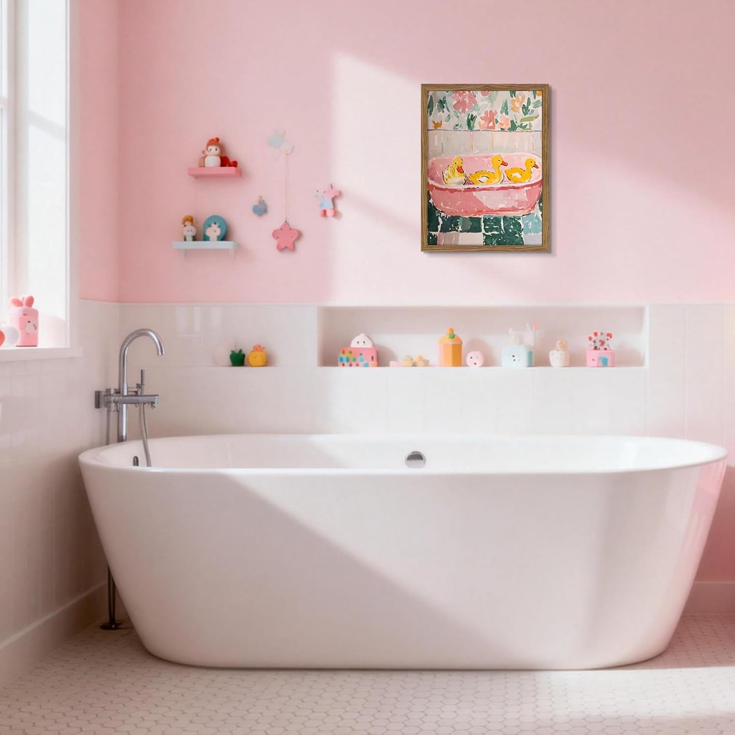 Framed Funny Bathroom Wall Art Decor, Yellow Duck in Pink Bathtub Canvas Wall Decor Painting, Cute Whimsical Animal Poster Print Picture for Girls Bathroom Nursery 16x24 Inch