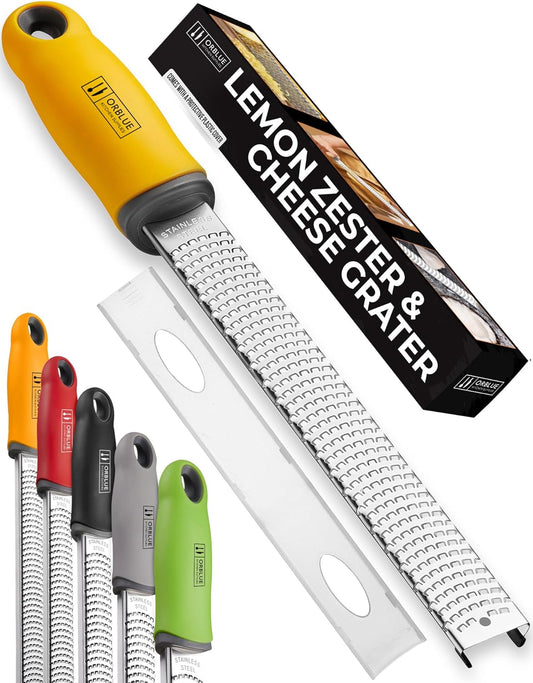 Lemon Zester & Cheese Grater - Premium Citrus Zester, Kitchen Grater for Parmesan, Chocolate, Fruits, Vegetables, Ginger, Garlic, Nutmeg - Stainless Steel Blades with Protective Cover, Yellow
