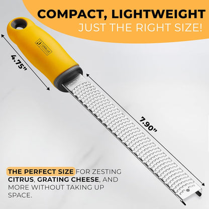 Lemon Zester & Cheese Grater - Premium Citrus Zester, Kitchen Grater for Parmesan, Chocolate, Fruits, Vegetables, Ginger, Garlic, Nutmeg - Stainless Steel Blades with Protective Cover, Yellow