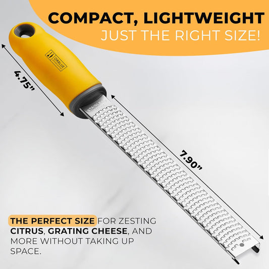 Lemon Zester & Cheese Grater - Premium Citrus Zester, Kitchen Grater for Parmesan, Chocolate, Fruits, Vegetables, Ginger, Garlic, Nutmeg - Stainless Steel Blades with Protective Cover, Yellow