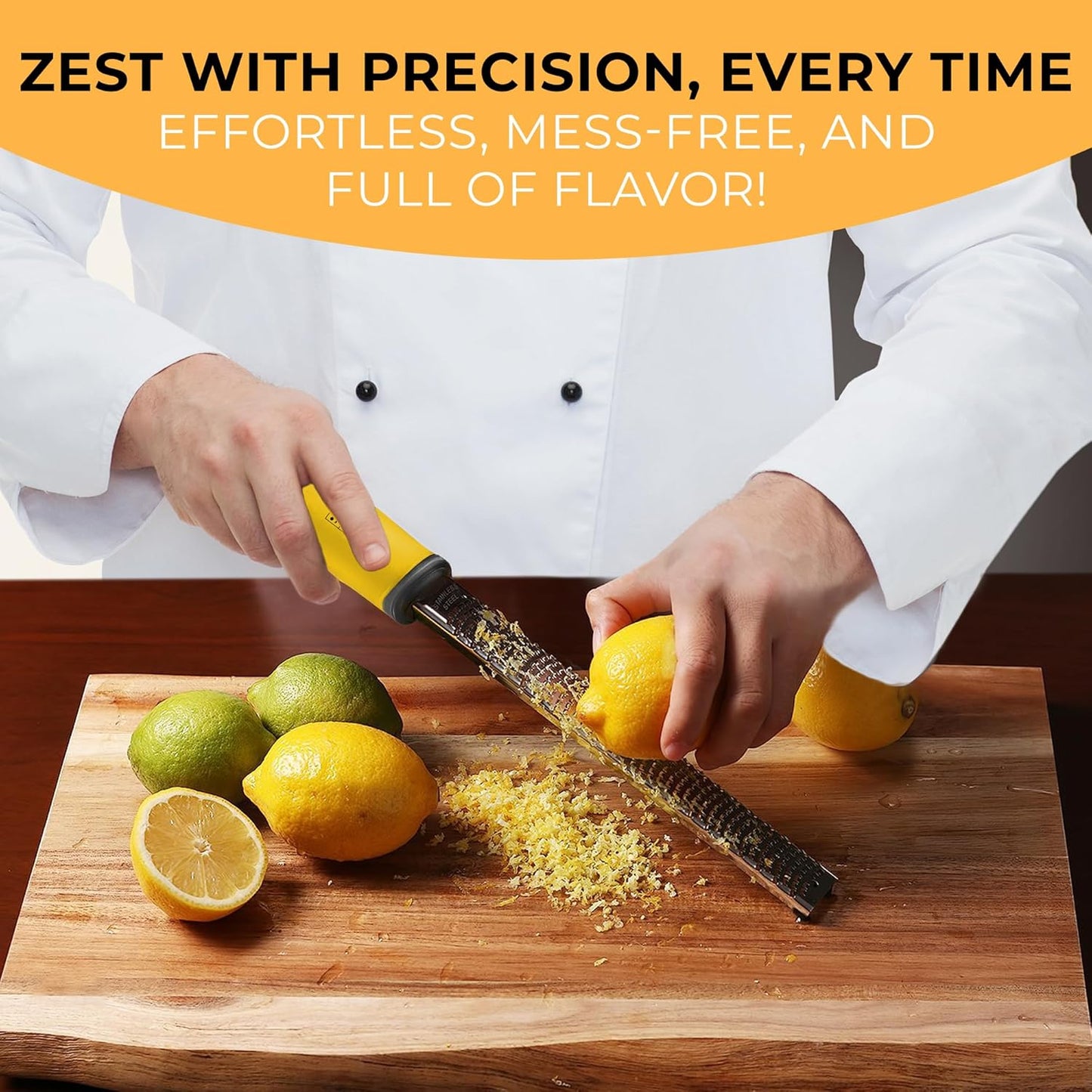 Lemon Zester & Cheese Grater - Premium Citrus Zester, Kitchen Grater for Parmesan, Chocolate, Fruits, Vegetables, Ginger, Garlic, Nutmeg - Stainless Steel Blades with Protective Cover, Yellow