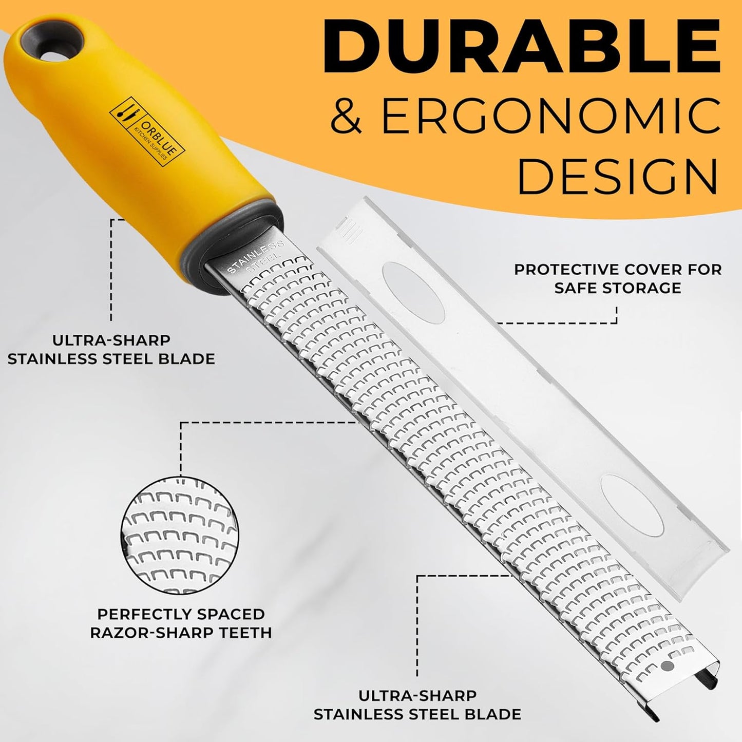 Lemon Zester & Cheese Grater - Premium Citrus Zester, Kitchen Grater for Parmesan, Chocolate, Fruits, Vegetables, Ginger, Garlic, Nutmeg - Stainless Steel Blades with Protective Cover, Yellow
