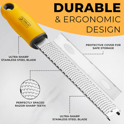 Lemon Zester & Cheese Grater - Premium Citrus Zester, Kitchen Grater for Parmesan, Chocolate, Fruits, Vegetables, Ginger, Garlic, Nutmeg - Stainless Steel Blades with Protective Cover, Yellow