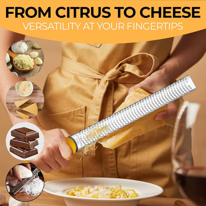 Lemon Zester & Cheese Grater - Premium Citrus Zester, Kitchen Grater for Parmesan, Chocolate, Fruits, Vegetables, Ginger, Garlic, Nutmeg - Stainless Steel Blades with Protective Cover, Yellow