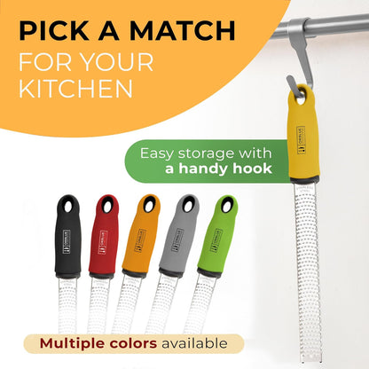 Lemon Zester & Cheese Grater - Premium Citrus Zester, Kitchen Grater for Parmesan, Chocolate, Fruits, Vegetables, Ginger, Garlic, Nutmeg - Stainless Steel Blades with Protective Cover, Yellow
