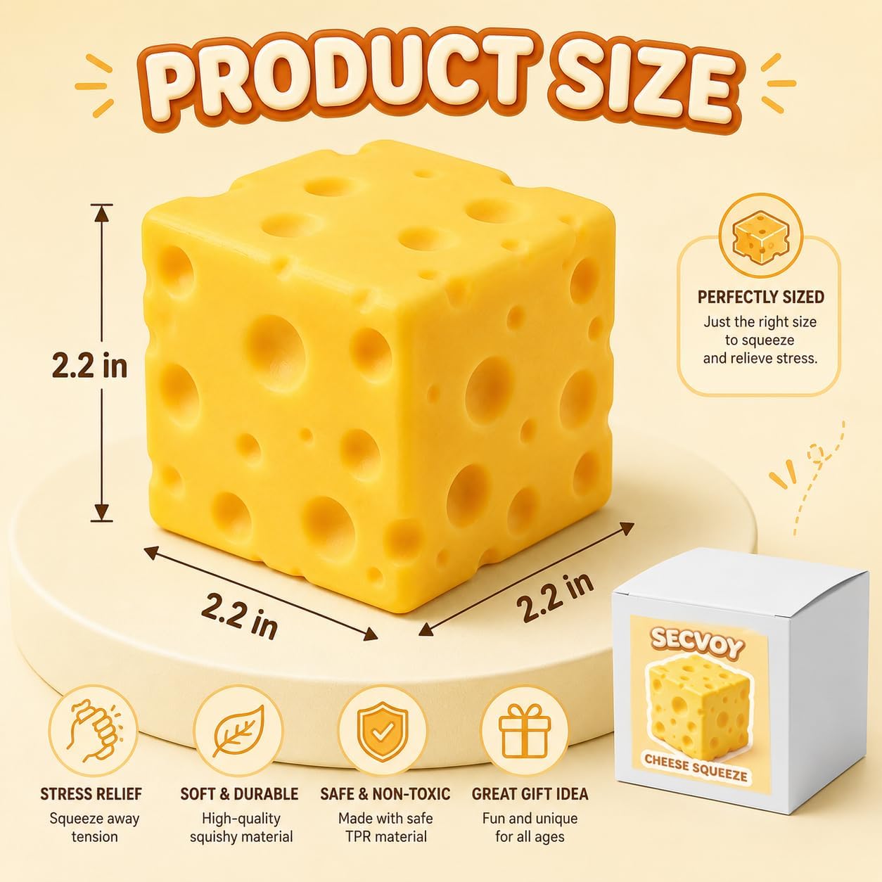 Cheese Squishy Squeeze Toy, Soft Yellow Sensory Cheese Stress Ball, Fidget Desk Gifts for Adults, Realistic Cheese Cube Novelty Toy for Relax and Focus (2.4in)