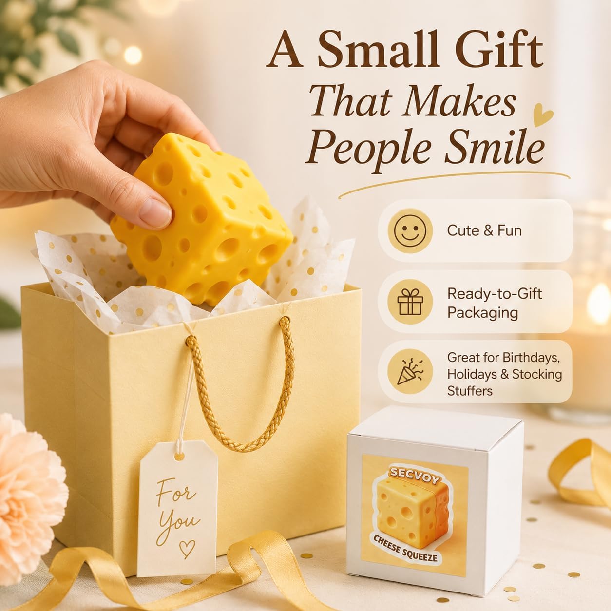Cheese Squishy Squeeze Toy, Soft Yellow Sensory Cheese Stress Ball, Fidget Desk Gifts for Adults, Realistic Cheese Cube Novelty Toy for Relax and Focus (2.4in)