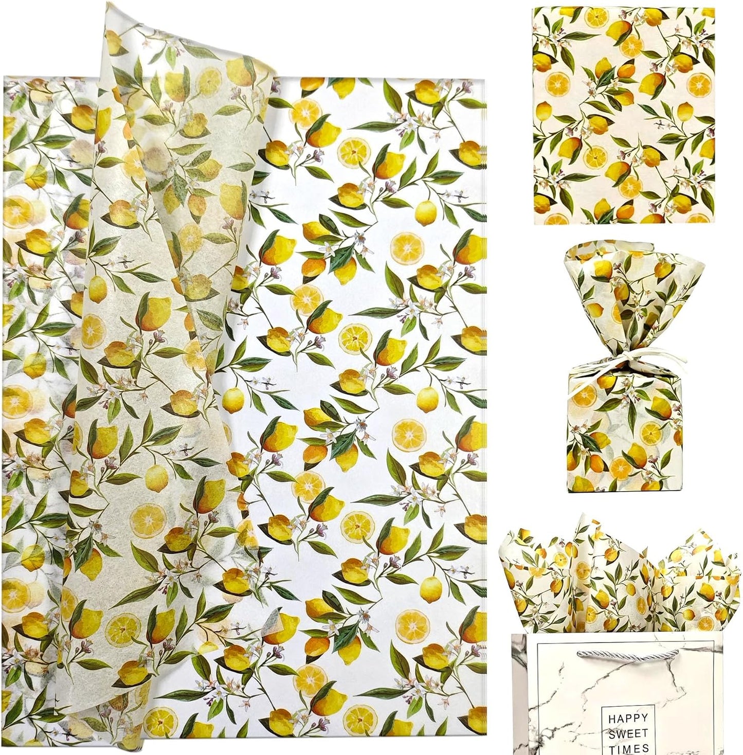 Lemon Print Tissue Paper, 60 Sheets, 20x14 in, Yellow Citrus Floral Pattern Gift Wrapping Paper for Gift Bags, Packaging, DIY Craft for Birthday Baby Shower Wedding Summer Fruit-Themed Party