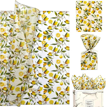 Lemon Print Tissue Paper, 60 Sheets, 20x14 in, Yellow Citrus Floral Pattern Gift Wrapping Paper for Gift Bags, Packaging, DIY Craft for Birthday Baby Shower Wedding Summer Fruit-Themed Party