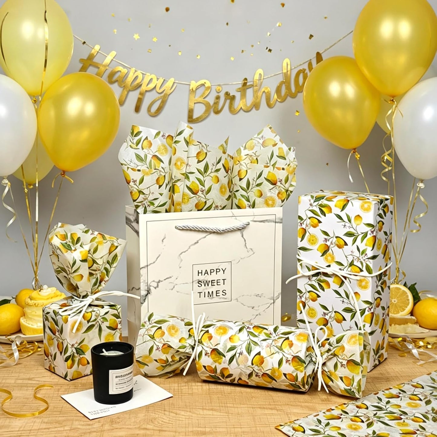 Lemon Print Tissue Paper, 60 Sheets, 20x14 in, Yellow Citrus Floral Pattern Gift Wrapping Paper for Gift Bags, Packaging, DIY Craft for Birthday Baby Shower Wedding Summer Fruit-Themed Party