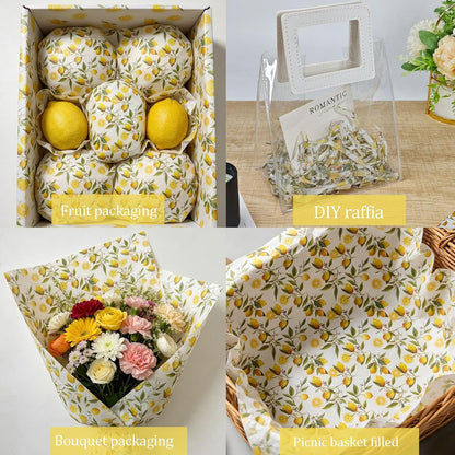 Lemon Print Tissue Paper, 60 Sheets, 20x14 in, Yellow Citrus Floral Pattern Gift Wrapping Paper for Gift Bags, Packaging, DIY Craft for Birthday Baby Shower Wedding Summer Fruit-Themed Party