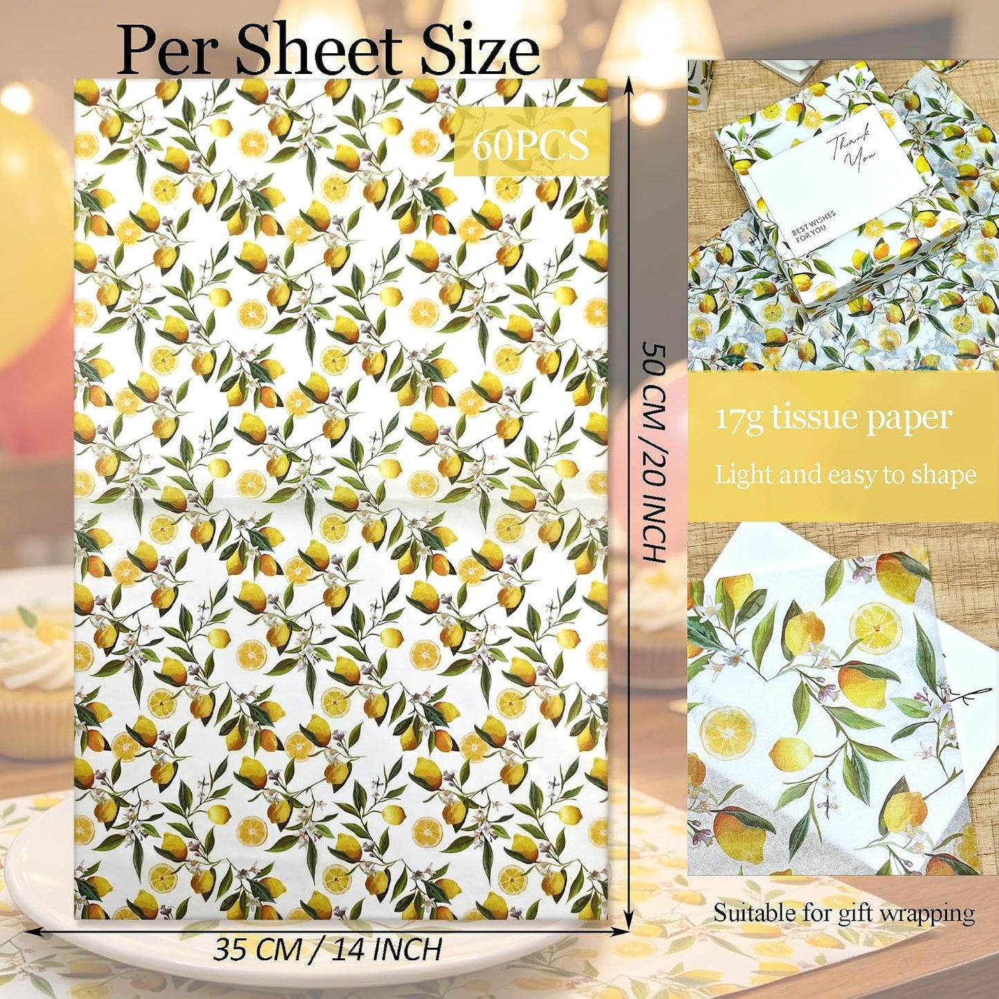 Lemon Print Tissue Paper, 60 Sheets, 20x14 in, Yellow Citrus Floral Pattern Gift Wrapping Paper for Gift Bags, Packaging, DIY Craft for Birthday Baby Shower Wedding Summer Fruit-Themed Party