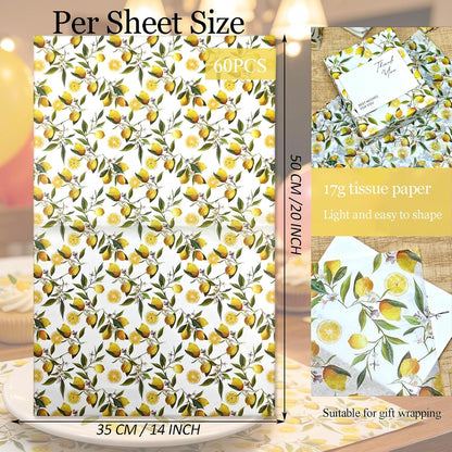 Lemon Print Tissue Paper, 60 Sheets, 20x14 in, Yellow Citrus Floral Pattern Gift Wrapping Paper for Gift Bags, Packaging, DIY Craft for Birthday Baby Shower Wedding Summer Fruit-Themed Party