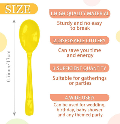 25 PCS Yellow Plastic Spoons Disposable Utensils Heavy Duty Yellow Spoons Disposable Cutlery for Birthday Wedding Baby Shower Bridal Shower Plastic Silverware