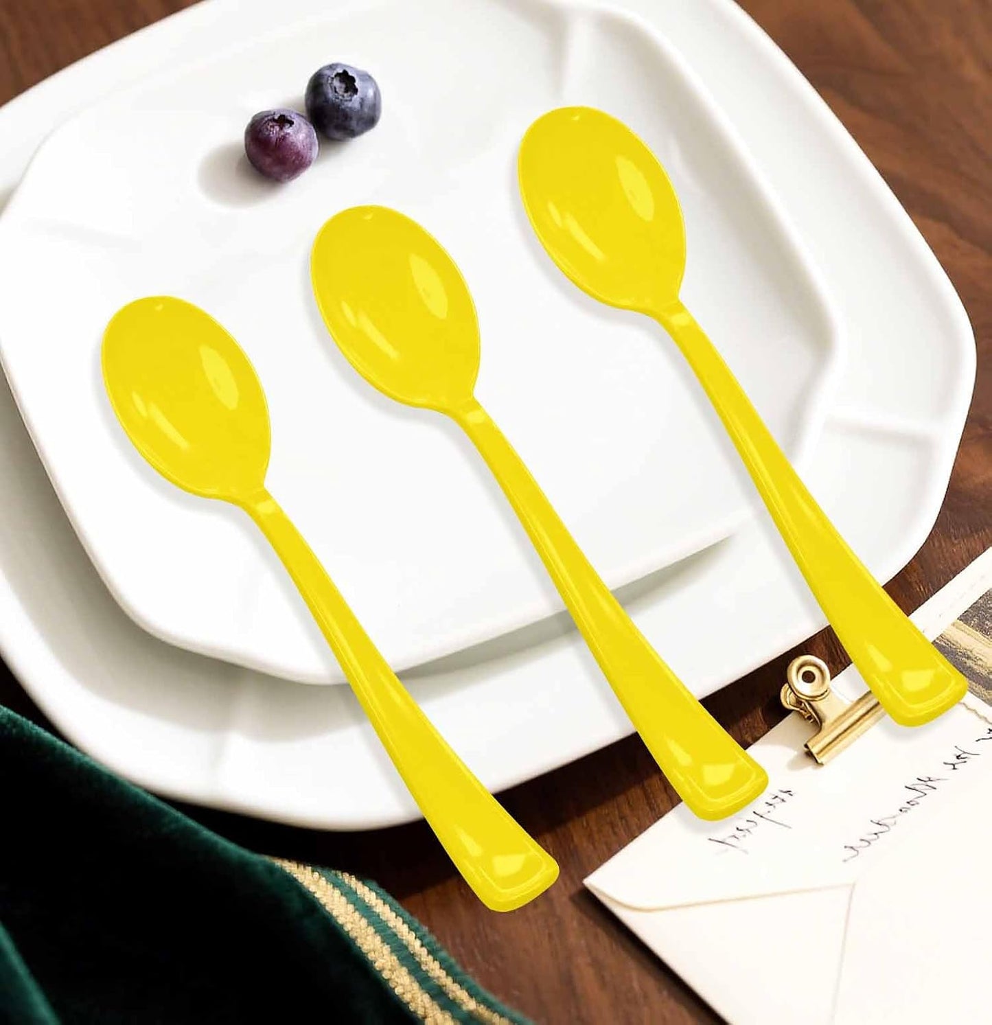 25 PCS Yellow Plastic Spoons Disposable Utensils Heavy Duty Yellow Spoons Disposable Cutlery for Birthday Wedding Baby Shower Bridal Shower Plastic Silverware