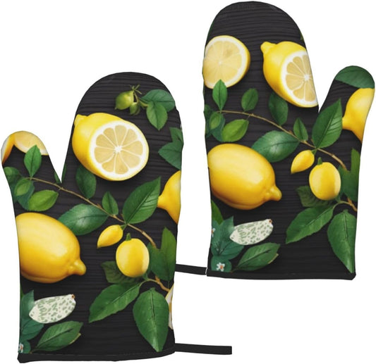 Oven Mitts Set of 2,Art Lemon Pattern Print Heat Resistant Kitchen Mitts Cooking Gloves for Cooking Baking Gifts Decor