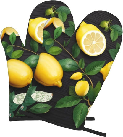 Oven Mitts Set of 2,Art Lemon Pattern Print Heat Resistant Kitchen Mitts Cooking Gloves for Cooking Baking Gifts Decor