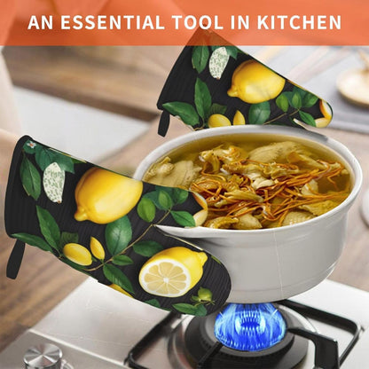 Oven Mitts Set of 2,Art Lemon Pattern Print Heat Resistant Kitchen Mitts Cooking Gloves for Cooking Baking Gifts Decor