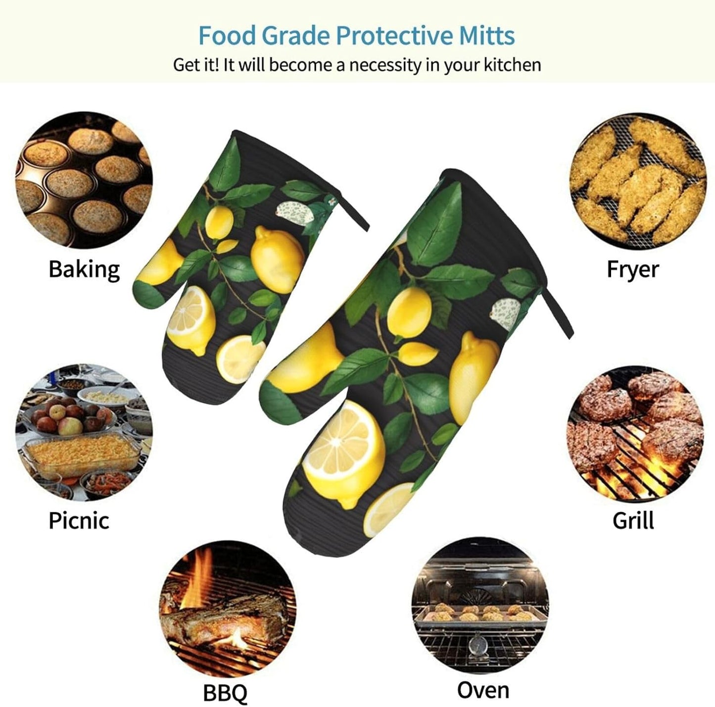 Oven Mitts Set of 2,Art Lemon Pattern Print Heat Resistant Kitchen Mitts Cooking Gloves for Cooking Baking Gifts Decor