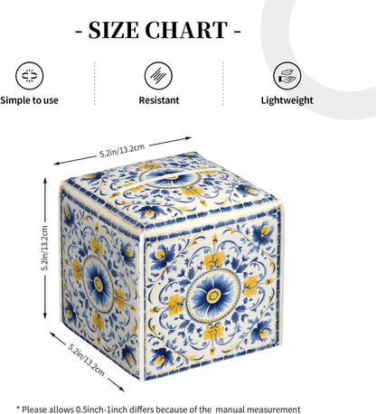Tissue Box Cover Blue Yellow Antique Tiles Ornament Square PU Leather Tissue Box Holder for Car Bathroom Bedroom Desk Tabletop Decor