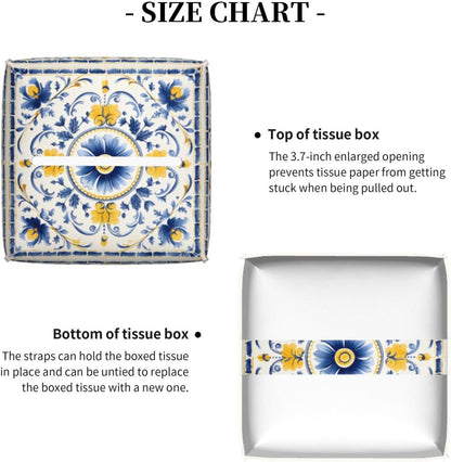 Tissue Box Cover Blue Yellow Antique Tiles Ornament Square PU Leather Tissue Box Holder for Car Bathroom Bedroom Desk Tabletop Decor