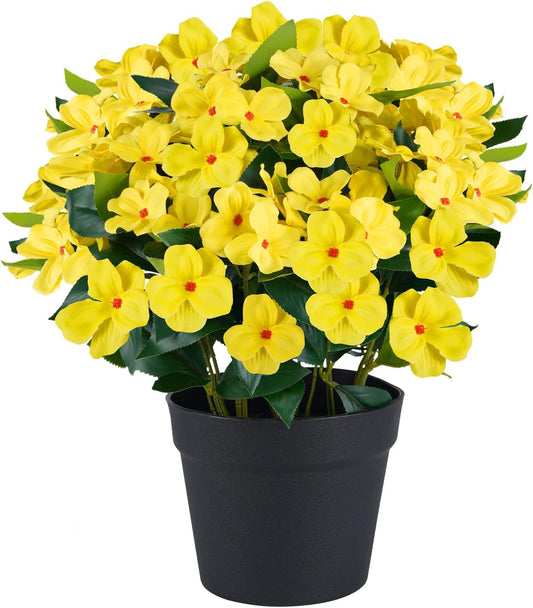 Artificial Impatiens Flowers in Pot for Outdoor 14 Inch Fake Plants | Faux Flowers Spring Summer Decoration for Home Front Door Garden Planter Patio Balcony Yard Indoor Outdoor(Yellow)