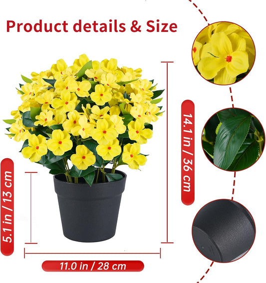 Artificial Impatiens Flowers in Pot for Outdoor 14 Inch Fake Plants | Faux Flowers Spring Summer Decoration for Home Front Door Garden Planter Patio Balcony Yard Indoor Outdoor(Yellow)
